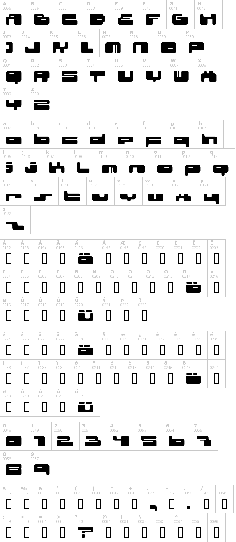 Lettere dell'alfabeto del font 0210 con le quali è possibile realizzare adesivi prespaziati