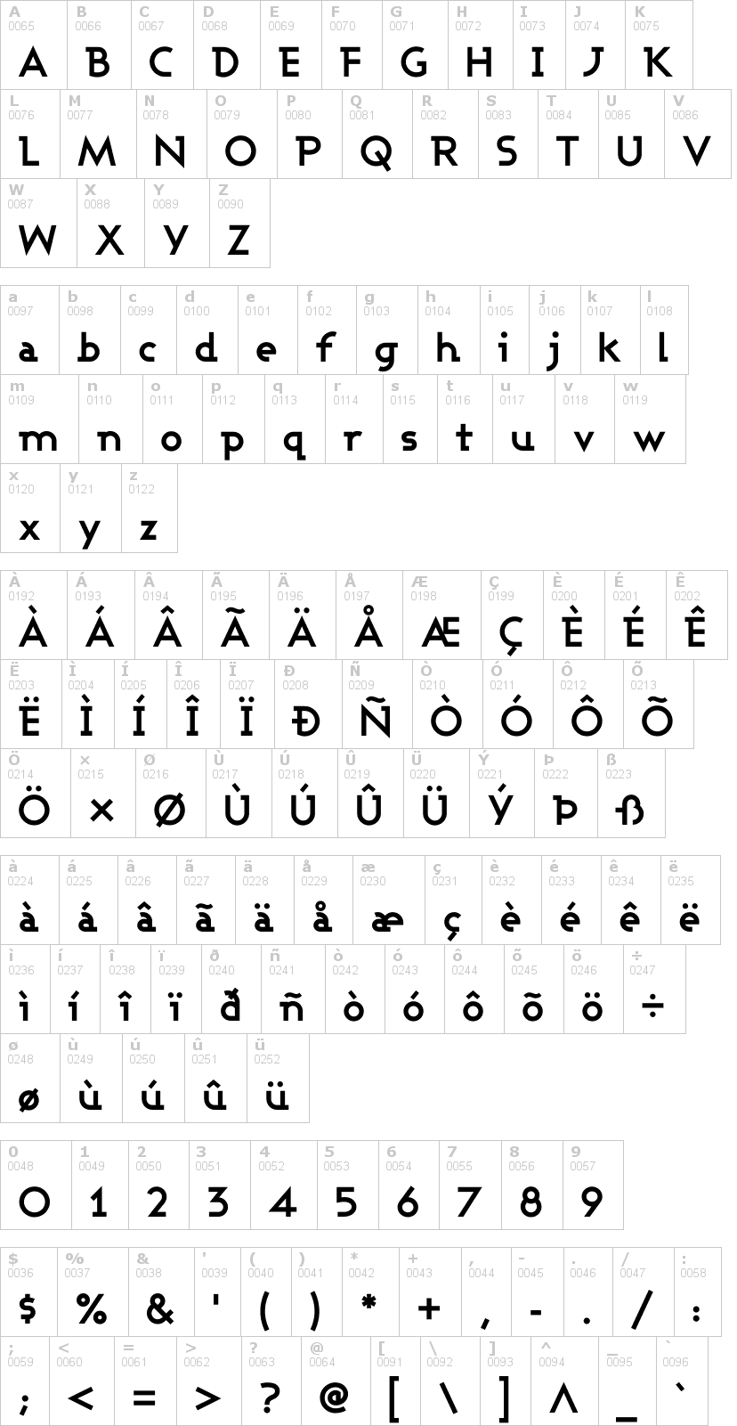 Lettere dell'alfabeto del font ashby con le quali è possibile realizzare adesivi prespaziati