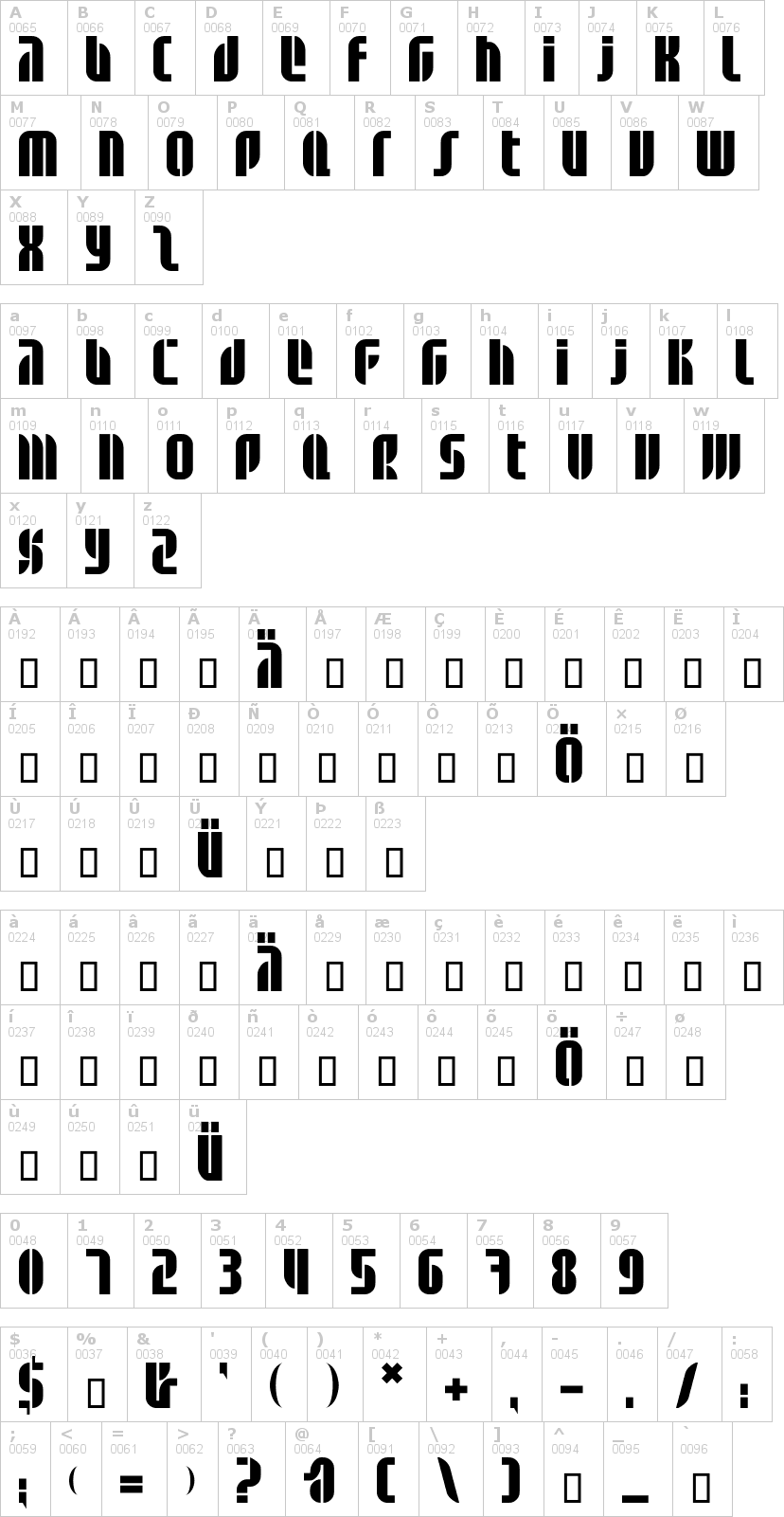 Lettere dell'alfabeto del font bd-alm con le quali è possibile realizzare adesivi prespaziati