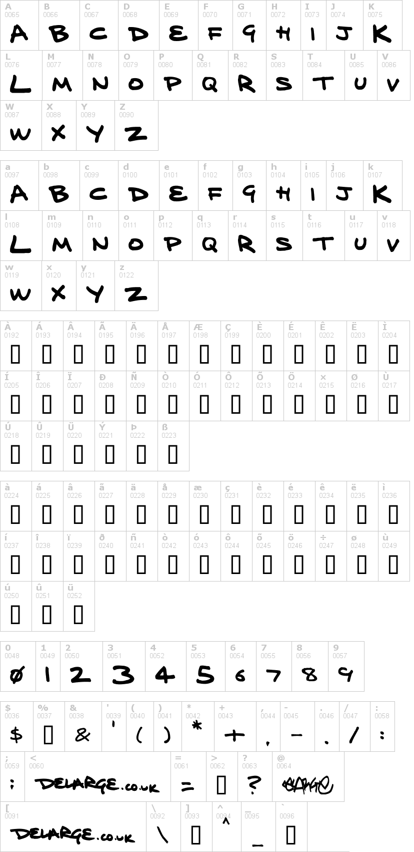 Lettere dell'alfabeto del font delarge-marker-pen con le quali è possibile realizzare adesivi prespaziati