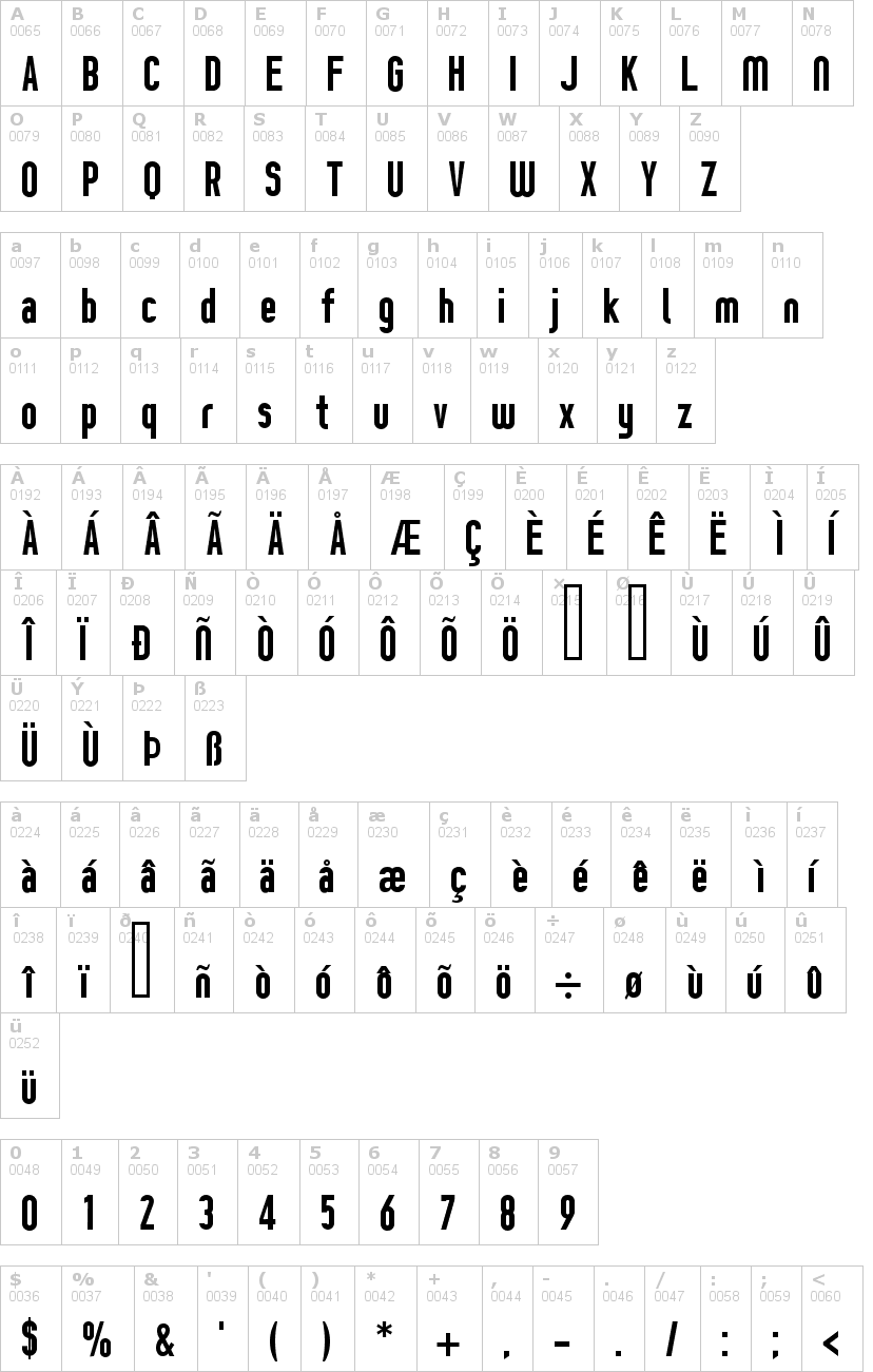 Lettere dell'alfabeto del font prozak con le quali è possibile realizzare adesivi prespaziati