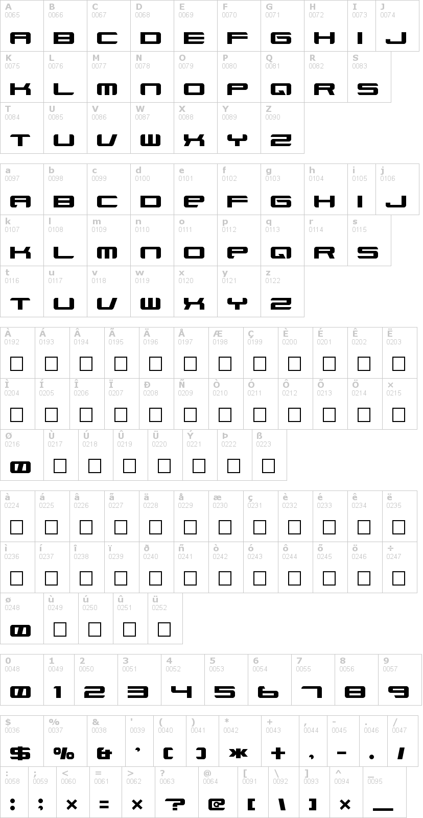 Lettere dell'alfabeto del font xenotron-broadstrok con le quali è possibile realizzare adesivi prespaziati